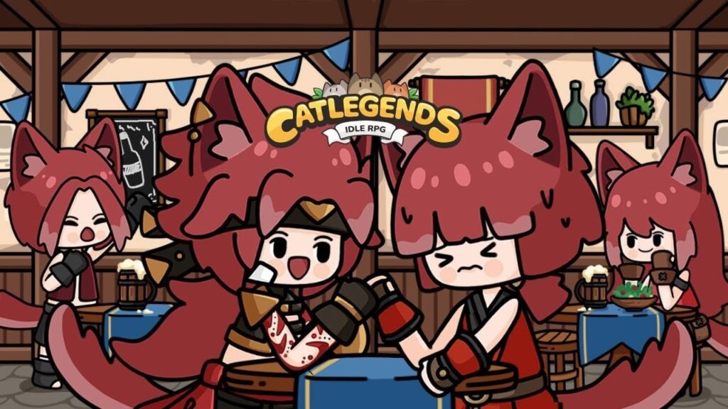 featured image for our news on Cat Legends: Idle RPG. It features two cat characters from the game with red heads arm-wrestling. The winner is smiling while the one losing has an annoyed expression on her face.