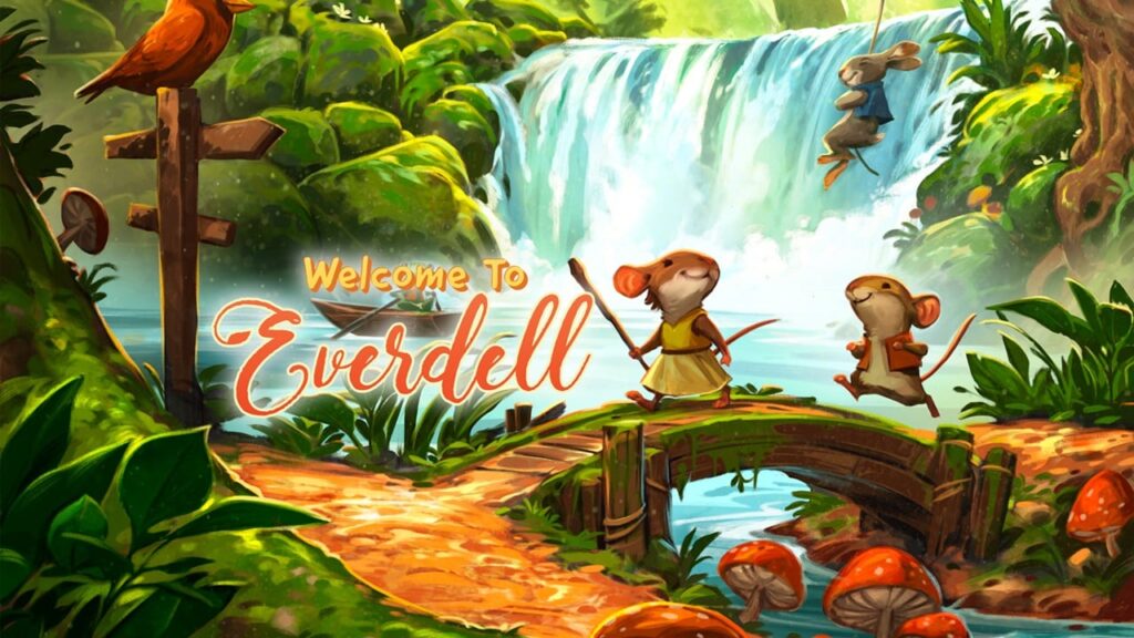 featured image for our news on Welcome to Everdell. It features two beavers, one female wearing a dress and the other male wearing a shirt. They're crossing a bridge. Behind them is a beautiful waterfall and lush trees and mountains. We can see a bird and another critter behind.