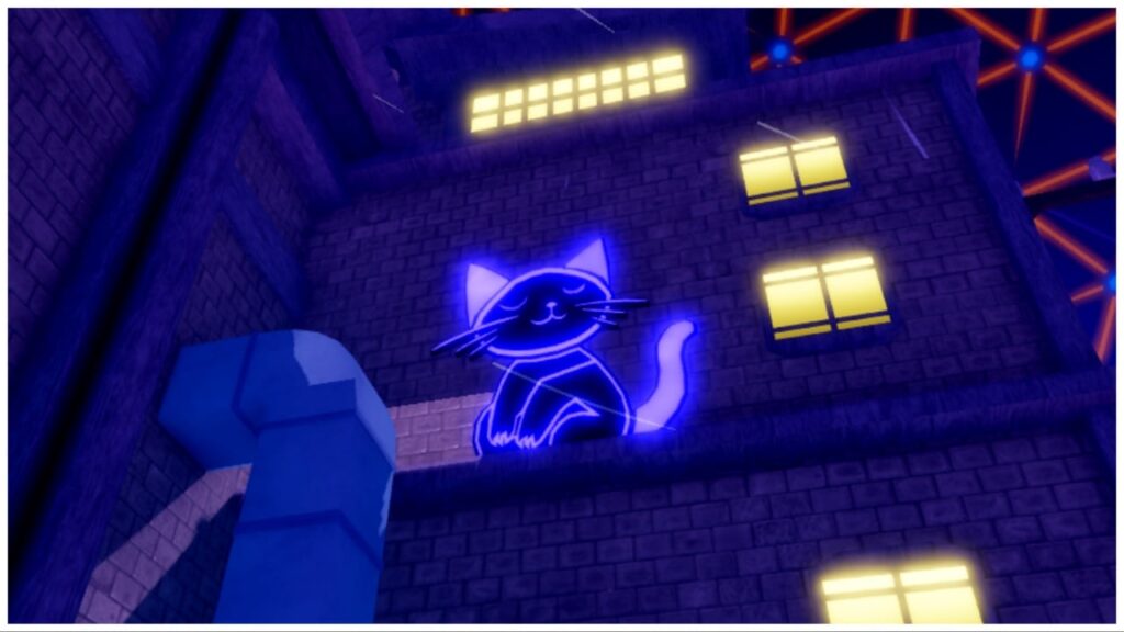 Feature image for our Anime Defenders ant king guide which shows an led neon sign of a cat against a black building where it stands out. The cat is purple.