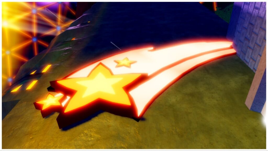 feature image for our anime defenders update 2 codes guide which shows a led shooting star in golden yellow lighting up against a concrete grey wall