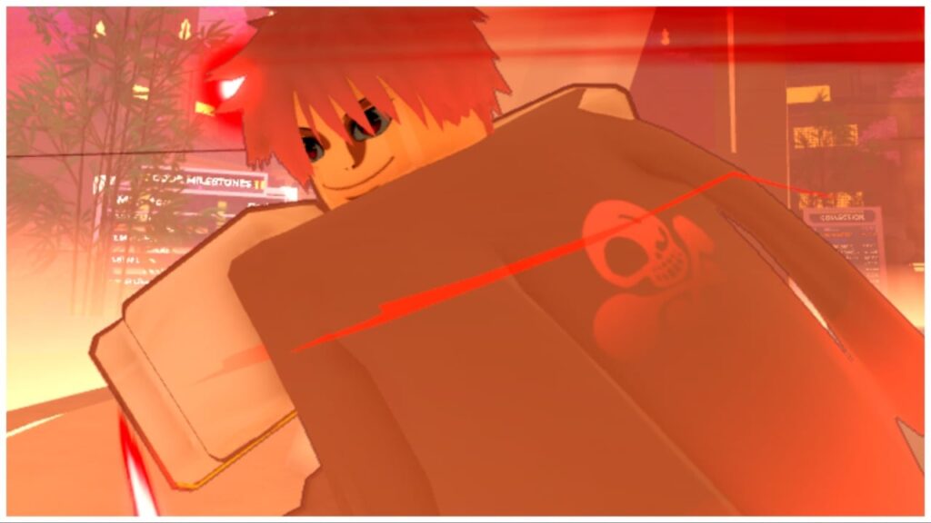 feature image for our anime dimensions simulator infinite mode guide which shows a character in an action pose with an orange tint over the screen