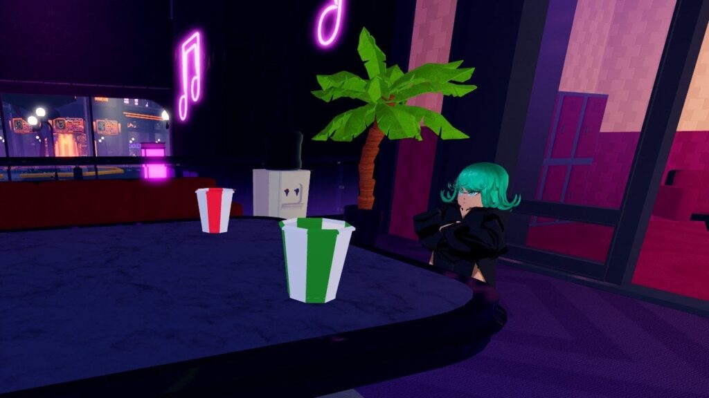 Feature image for our Anime Impact tier list. It shows an in-game screen of a character with green hair sat at a table with colorful striped drinks cups.