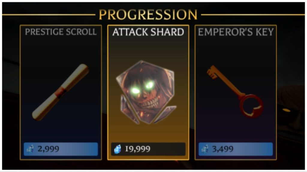 feature image for our attack on titan revolution attack shards guide which shows the attack shards within the market highlighted which has jagged edges and a picture of a titan in the middle