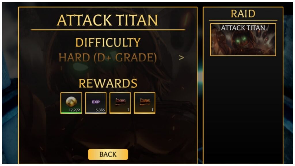 feature image for our aot revolution attack titan raid guide which shows the in-game raid on the easiest difficulty showing the rewards overview and play button