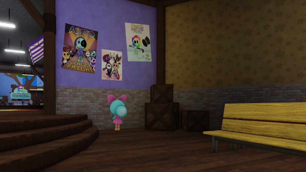 Feature image for our Dandy's World characters guide. It shows the player character Poppy looking at posters with other characters on in the Lobby.