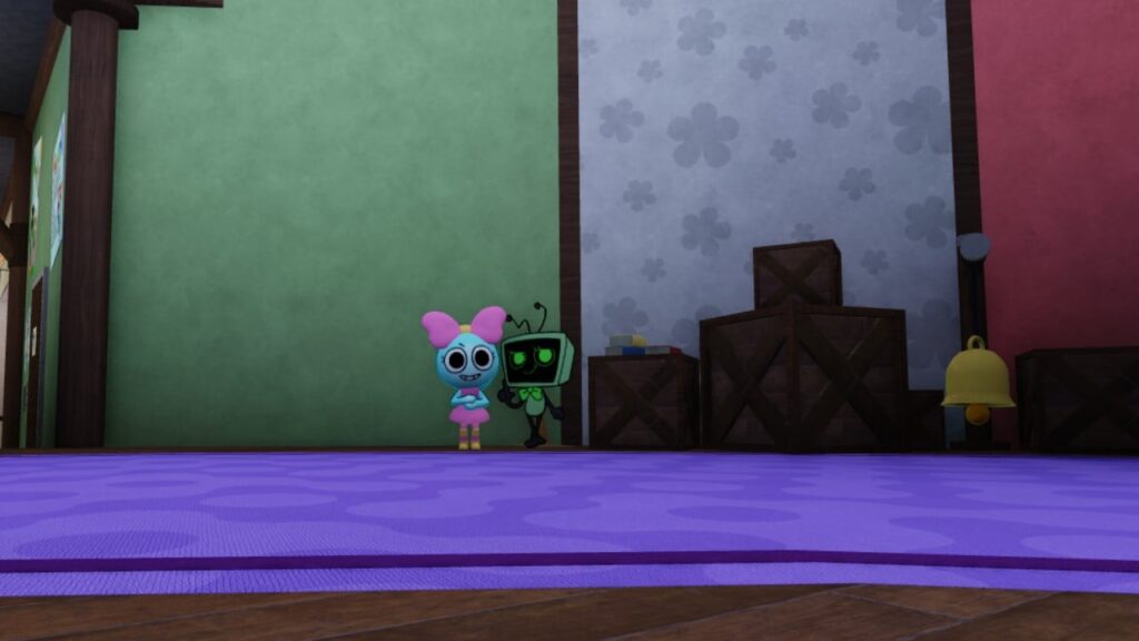 Feature image for our Dandy's World Vee guide. It shows a player character posing with a Vee cutout.