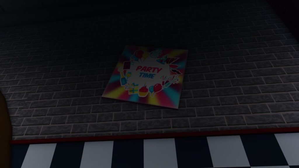 Feature image for our Five Nights TD tier list. it shows a colorful poster with 'It's Party Time!' written on it, on the wall of a dark and gloomy room.