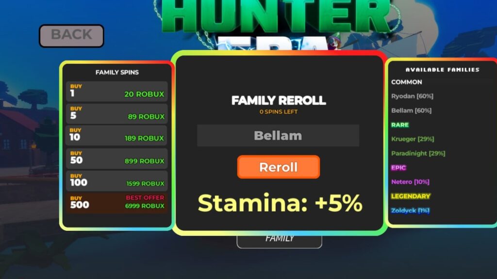 Feature image for our Hunter Era Family Clan guide. Image shows a family reroll screen.