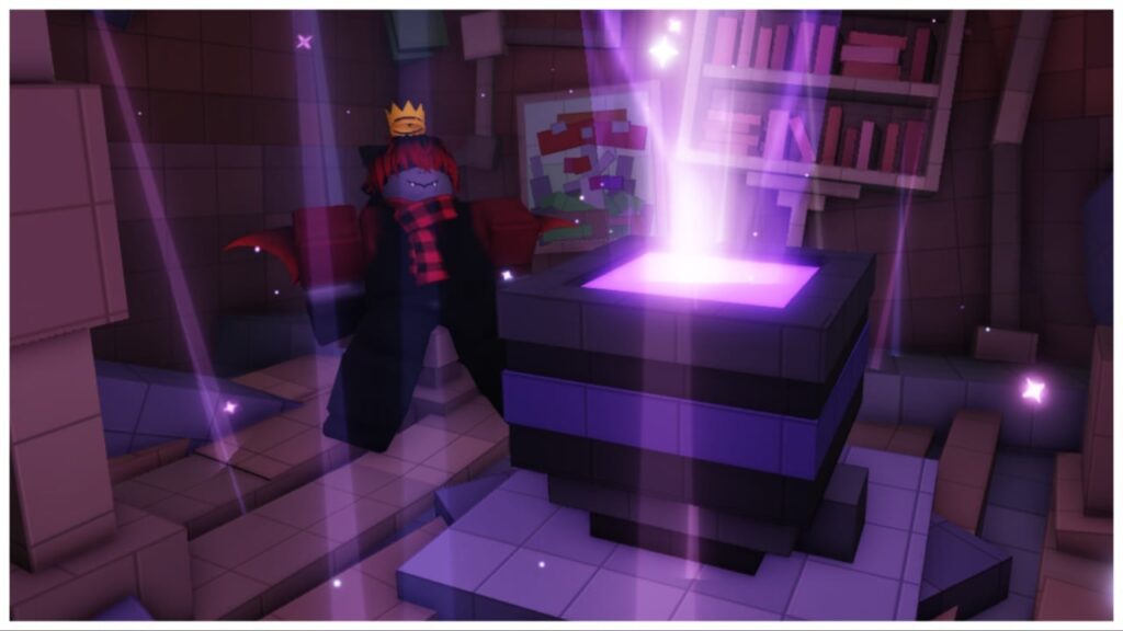 feature image for our tycoon rng crafting guide which shows the cauldron spewing purple aura upwards and a sleepy npc beside it with a crown on his head