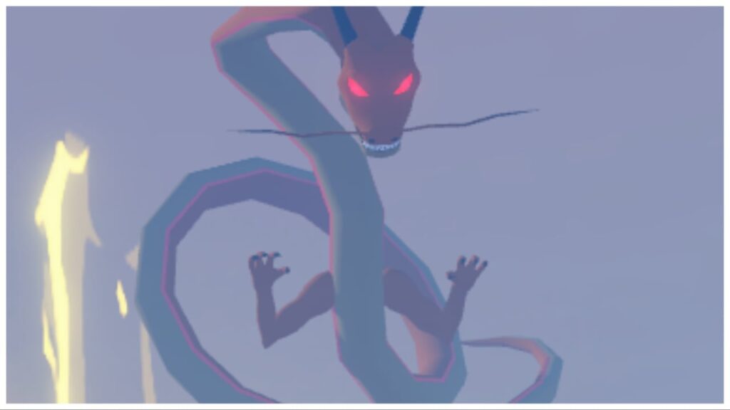 feature image for our clover retribution prrrhix guide showing the dragon facing forward toward the screen floating in the air with glowing red eyes on a misty day