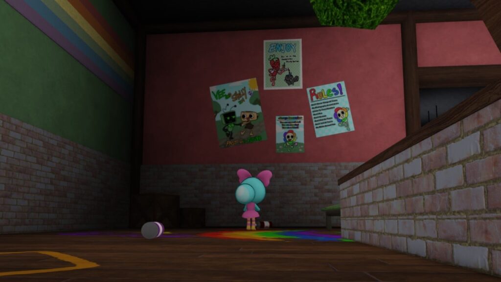 Feature image for our Dandy's World Shelly guide. It shows a player character as Poppy looking at a Shelly poster.