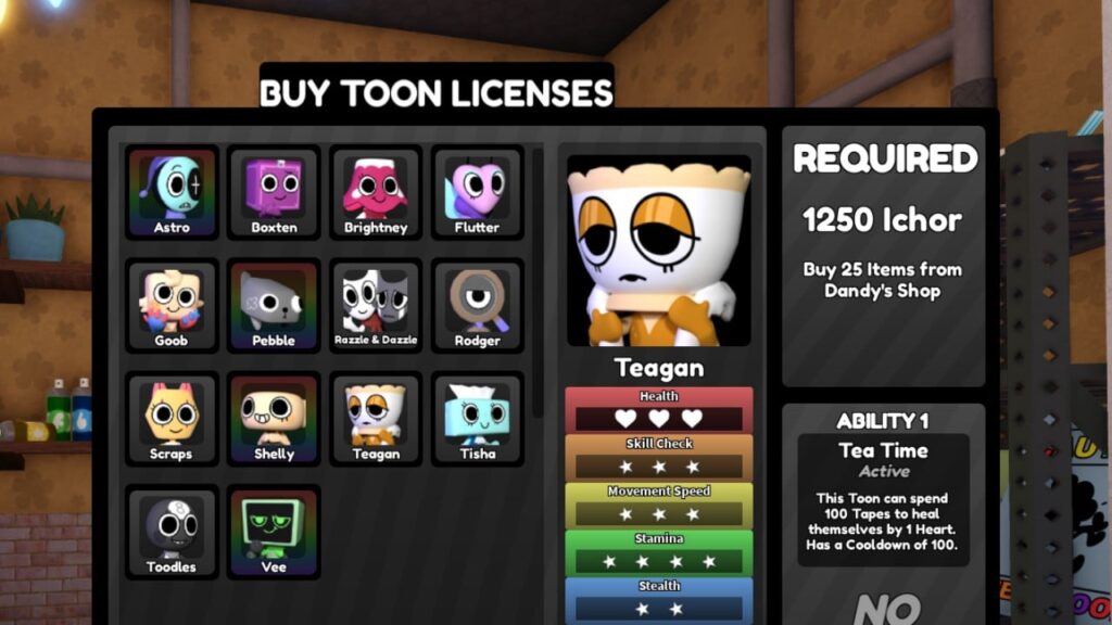 Feature image for our Dandy's World Teagan guide. It shows Teagan for sale in the Toon shop.