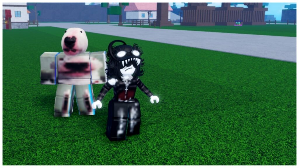 feature image for our meme sea stats guide shows my avatar who is dressed as an emo in black and red with pale white skin stood in a grassy area with a taller humanoid dog behind her with the meme walter dog face