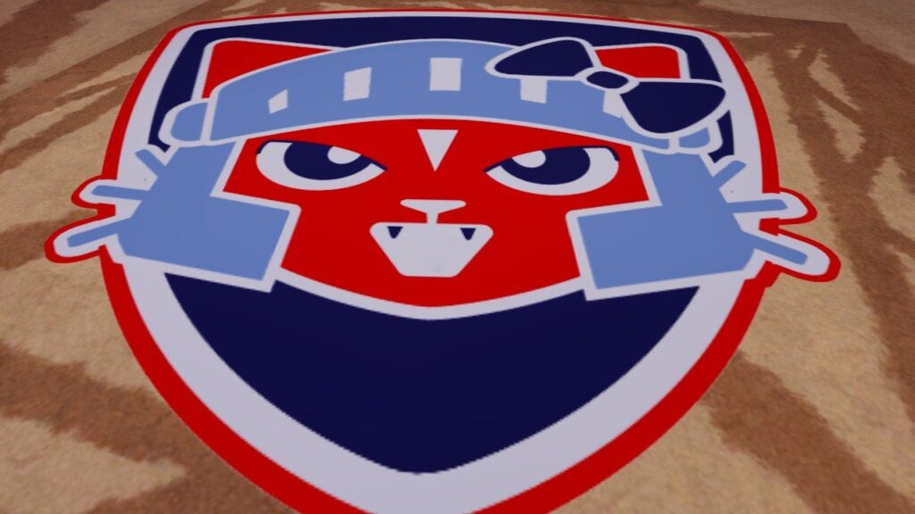 Feature image for our Roblox The Games best team. It shows the Crimson Cats logo on the floor of the team's island.