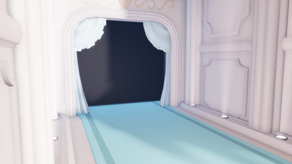 Feature image for our Roblox The Games Dress To Impress guide. It shows the start of a runway show in Dress To Impress, with a runway and an entrance with curtains.