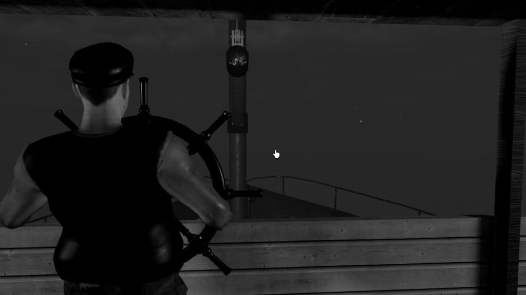 Feature image for our Short Creepy Stories Ominous Steamboat walkthrough. It shows a view of the steamboat bridge, the the Captain at the wheel.