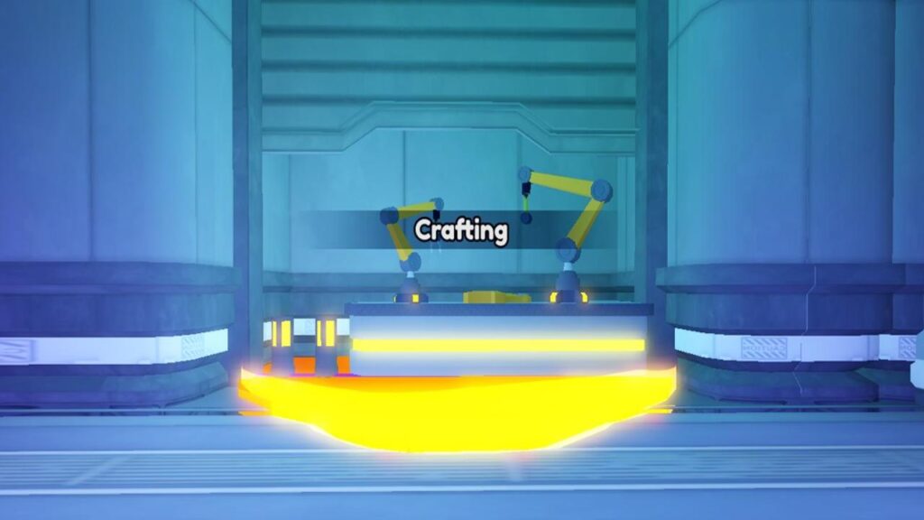 Feature image for our Anime Vanguards Essences guide. Image shows a desk area that has 'Crafting' written above it.