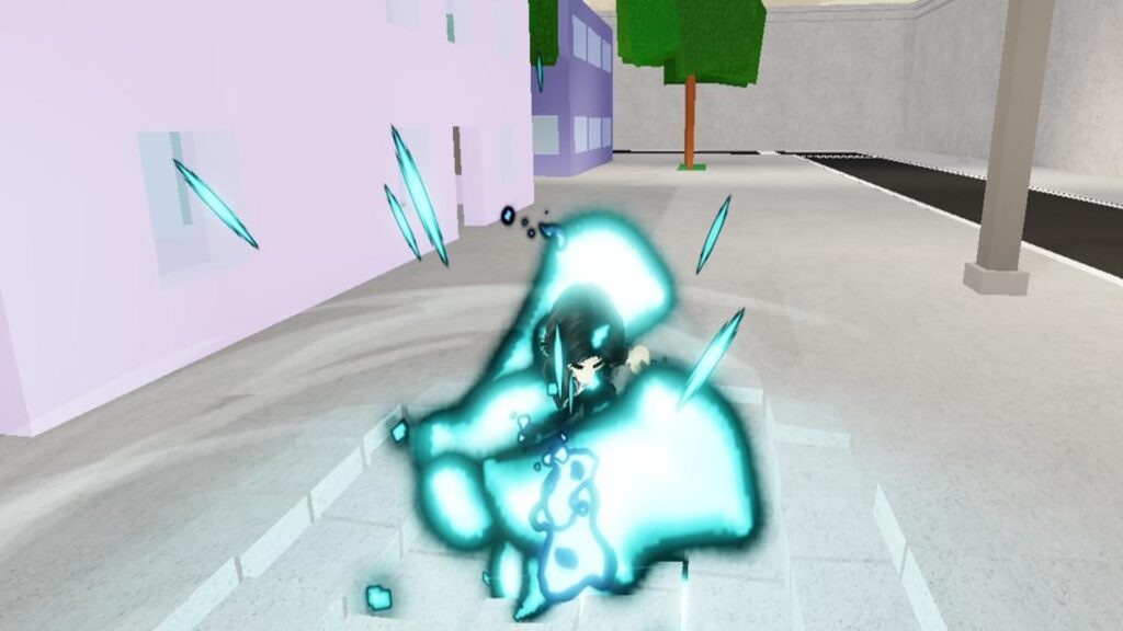 Feature image for our Jujutsu Shenanigans Mahito guide. Image shows a character punching the floor with blue lights.