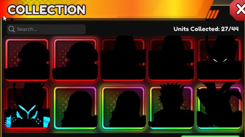 Feature image for our Anime Vanguards Igris guide. It shows the unit list with the secret units, including the silhouette of Igros.