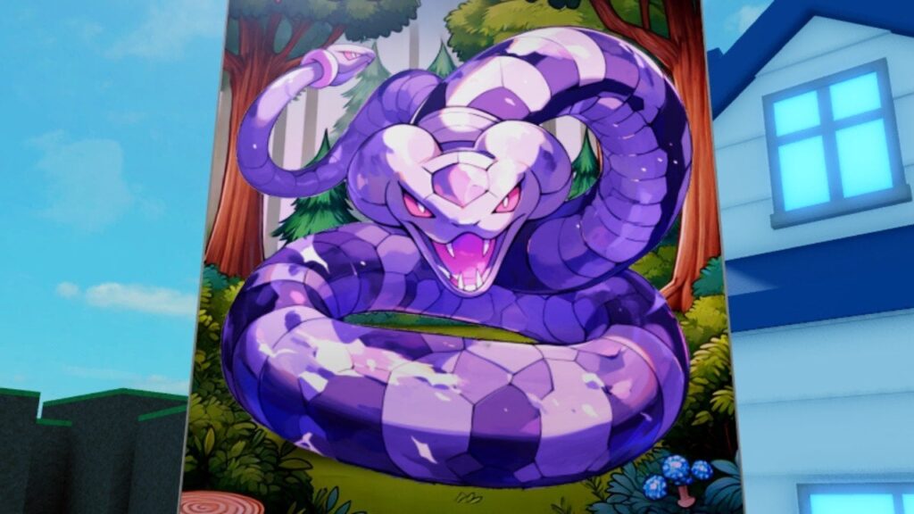 Feature image for our Battlemon RNG codes guide. It shows a card with a purple, serpentine monster showing its fangs.