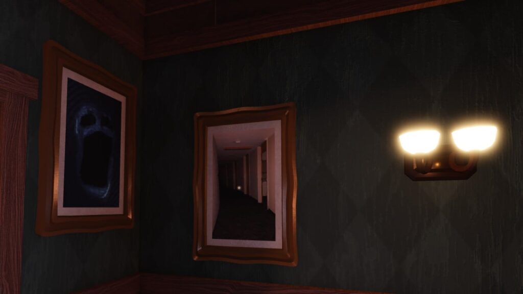 Feature image for our Doors Ambush guide. It shows a painting of a long hallway with a figure peering at the viewer.