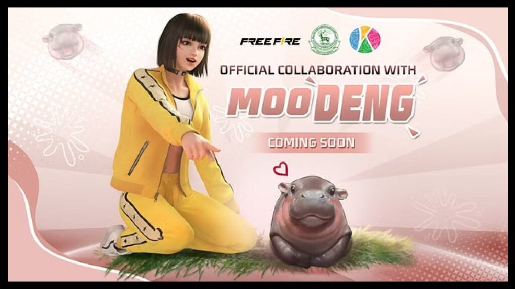 featured image for our news on Free Fire Moo Deng. It features Moo Deng, the baby pigmy hippo and a Free Fire character in a yellow suit.