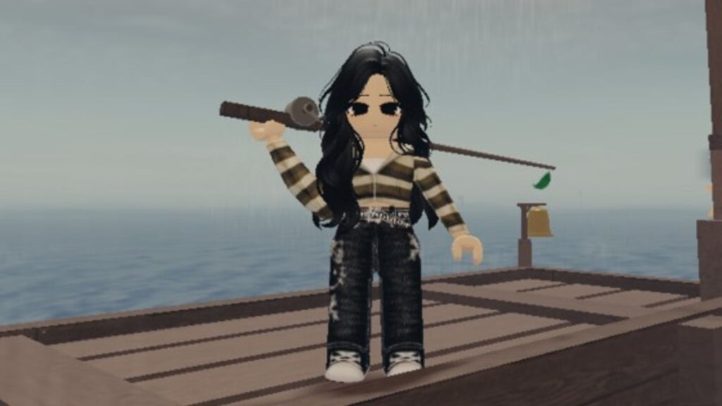 Feature image for our Roblox Fisch Rod Tier List. Image shows a character holding a fishing rod standing on a pier.