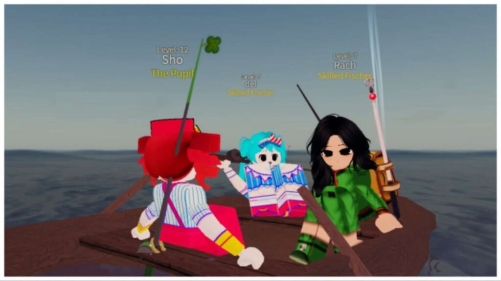 Feature image for our fisch enchants tier list showing three players on a boat on the open sea as they travel between islands with their rods on their backs