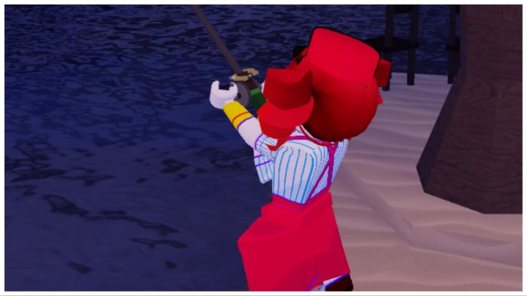 Feature image for our fisch items guide showing the back of a player as they reel in a catch using their lucky rod at night time on a sandy waterfront