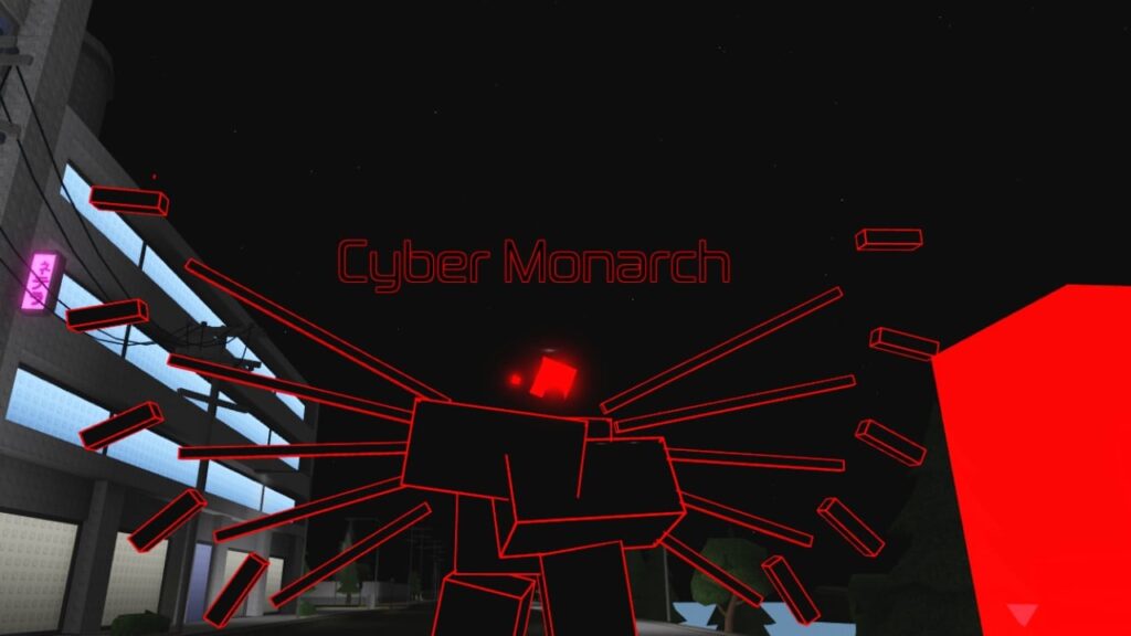 Feature image for our Infinite Script Fighting codes guide. It shows a player in the Cyber Monarch form, a dark figure with a red outline and geometric wings.