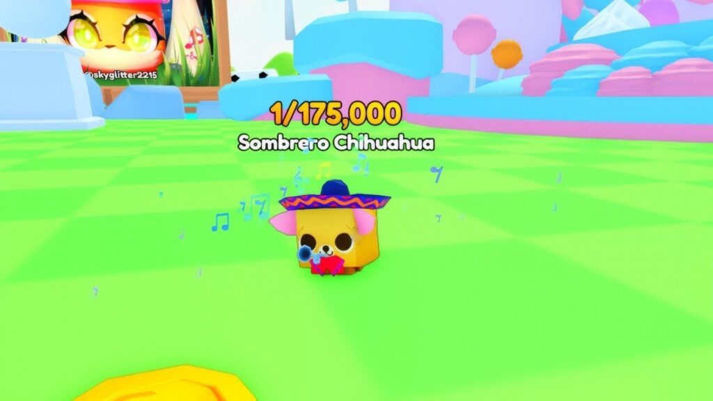 Feature image for our PETS GO codes guide. It shows a Sombrero Chihuahua pet, playing a little trumpet.