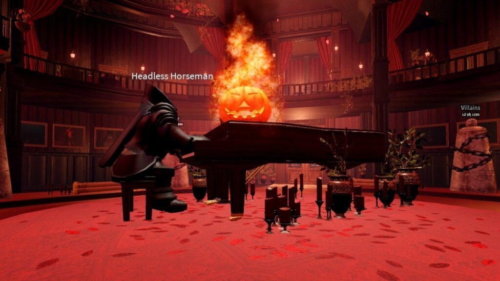 Feature image for our Roblox The Haunt games guide. It shows the Headless Horseman in-game, playing the piano with his pumpkin head on the piano.