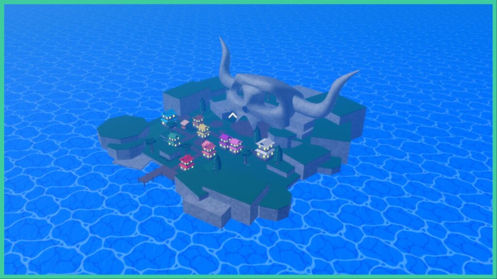 Feature image for our Verse Piece codes guide. It shows an island with a huge horned skull on it, behind a village.