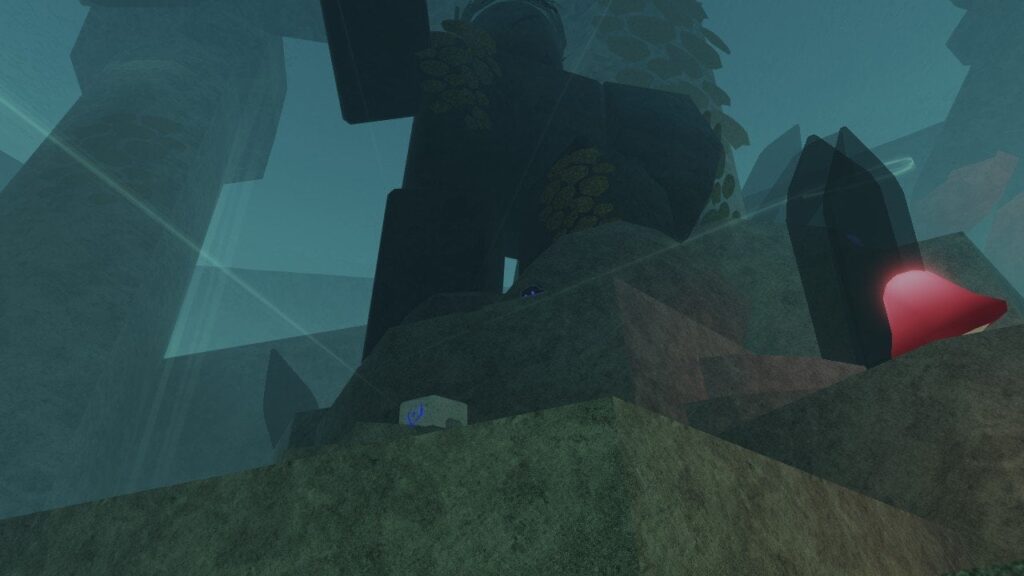 Feature image for our Fisch Abyssal Relic guide. It shows the blue altar in The Depths where you place the relic.