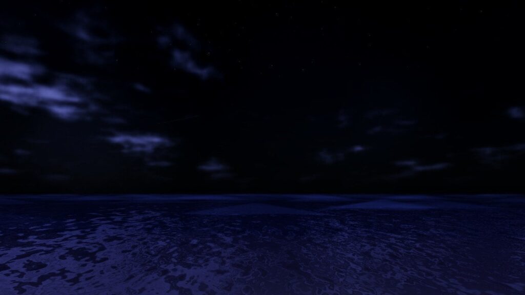 Feature image for our Fisch Colossal Squid guide. It shows night time over the sea in Fisch.