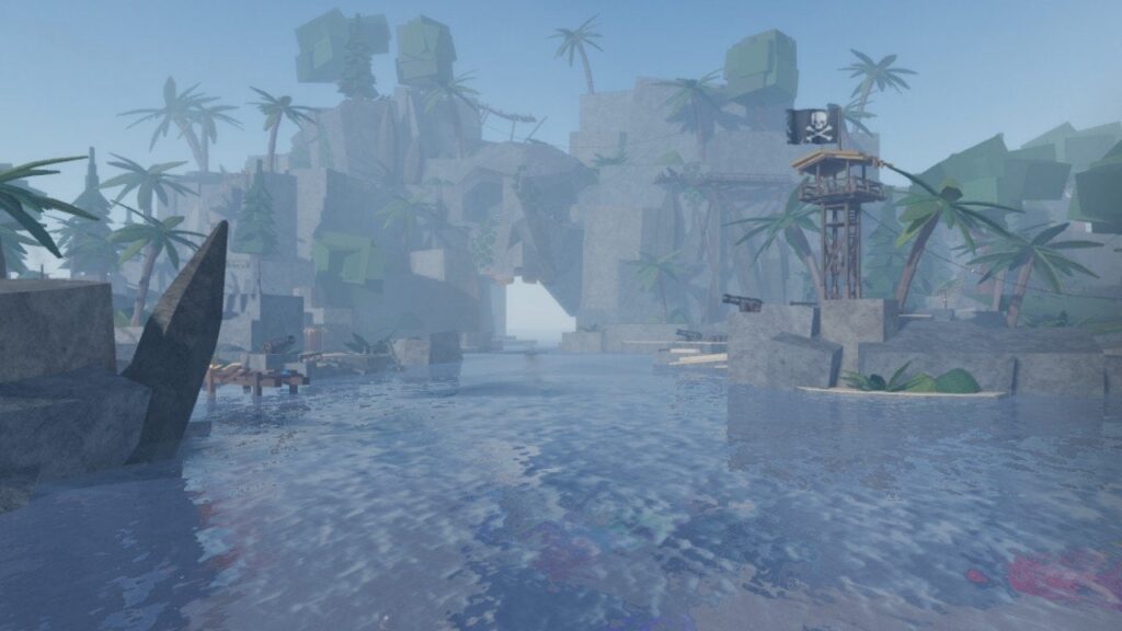 Feature image for our Fisch Forsaken Shores guide. It shows the Forsaken Shores from the sea.