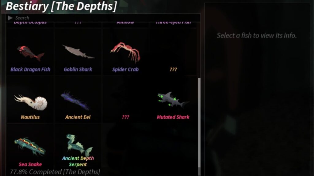 Feature image for our Fisch The Depths Bestiary, showing a Depths Bestiary partly filled out.