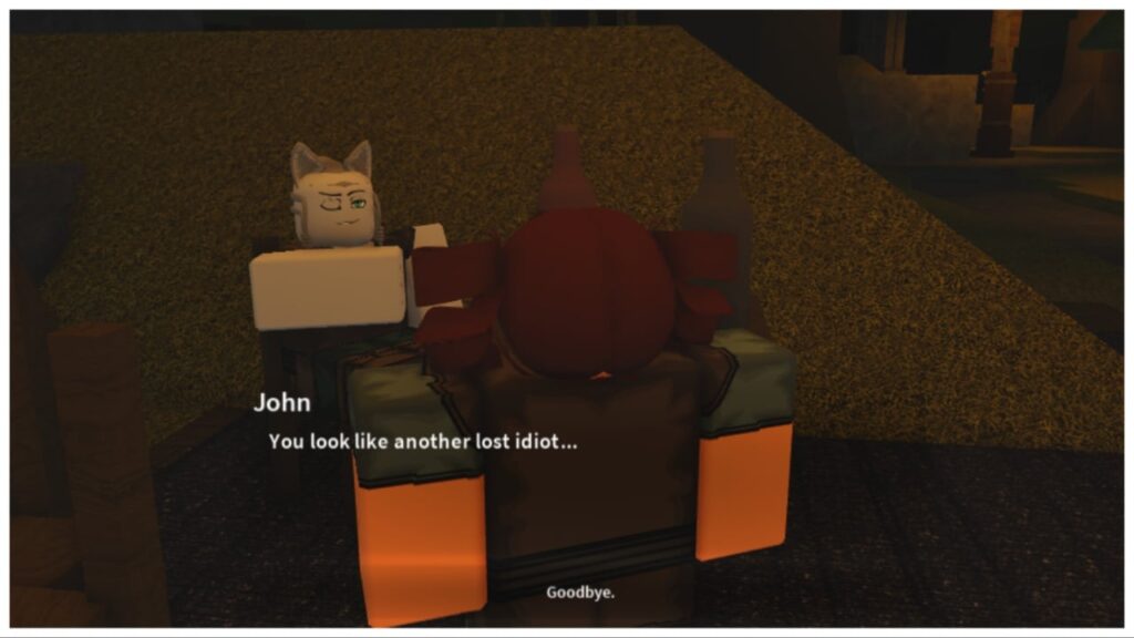 Feature image for our roblox hollowed controls guide showing the back of a player speaking to a wolf-like npc sitting on a chair who is calling her a lost idiot