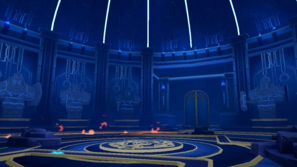 Feature image for our Anime Vanguards Update 1.75 Tier List. Image shows a large blue room with statues going around the sides and fire on the floor.