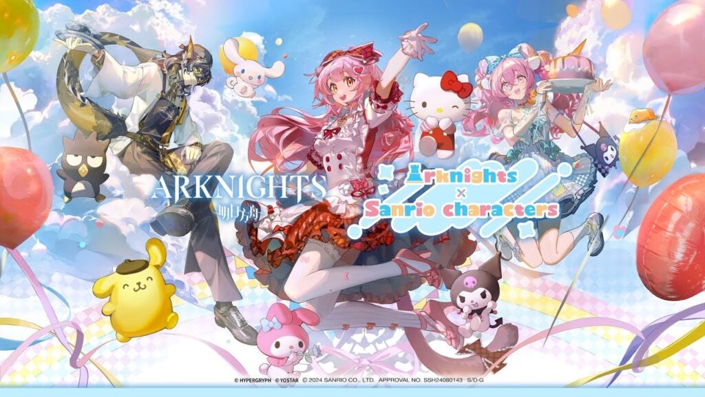 featured image for our news on Arknights x Sanrio characters. It features some ARknight characters with Sanrio characters like My Melody, Kuromi, Hello Kitty around them.