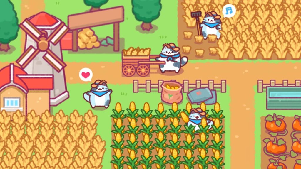 featured image for our news on Cat Town Valley. It features a farm with different vegetables like corn and carrots and some cats farming.