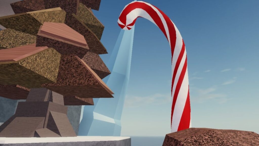 Feature image for our Fisch Jolly Mutation Guide. Image shows a tree and a large red and white candy cane.