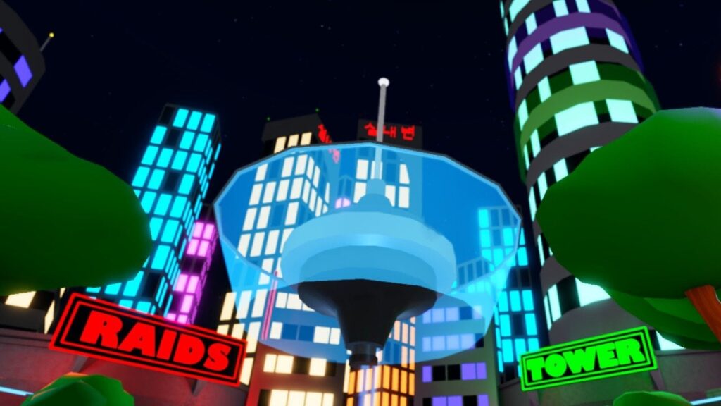 Feature image for our Anime Multiverse codes guide. It shows the skyline in Multiverse lobby, with skyscrapers and a night sky.