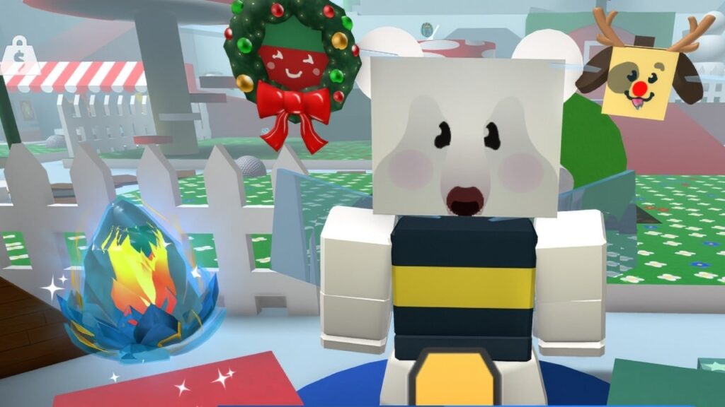 Feature image for our Bee Swarm Simulator Winter Spotlight guide. It shows Bee Bear stood with the Regular token and some floating festive bees.