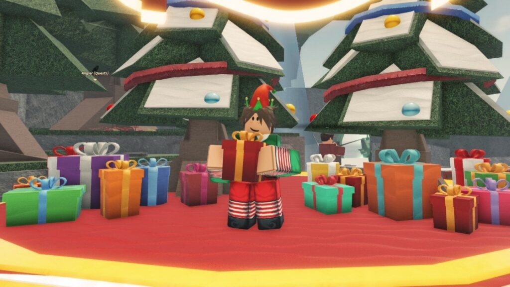 Feature image for our Fisch Advent Calendar guide. It shows the Advent Calendar NPC elf, surrounded by wrapped gifts.