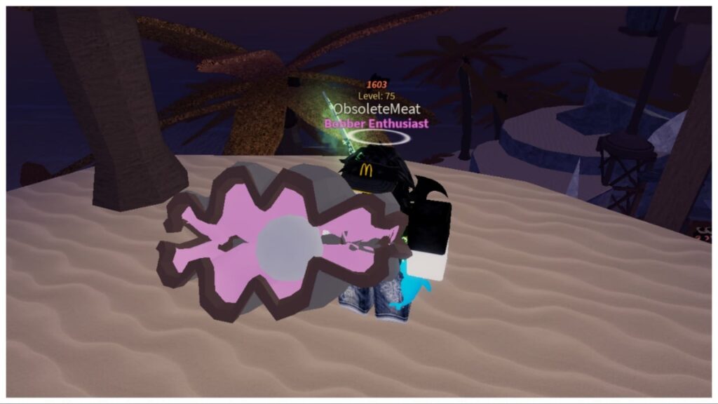 feature image for our fisch clams guide showing a player holding a large clam. It has a pink inner mouth and a white pearl visible inside