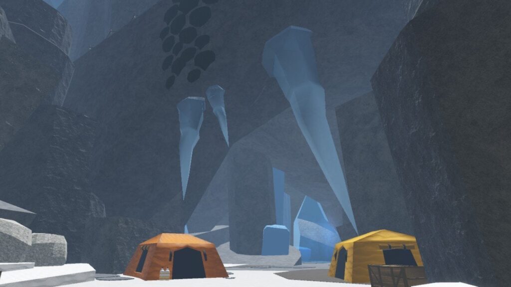 Feature image for our Fisch Overgrowth Caves Bestiary. It shows a cave on Northern Summit, with huge icicles hanging down from the ceiling. There are yellow tents outside.