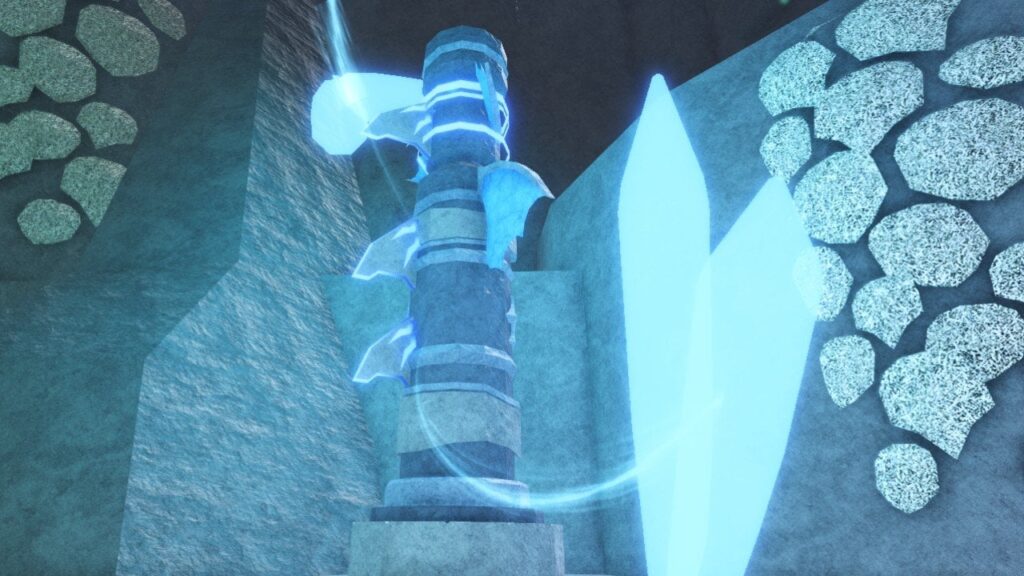 Feature image for our Fisch Wisdom Rod guide. It shows a pillar in the Ancient Archives entrance glowing blue.