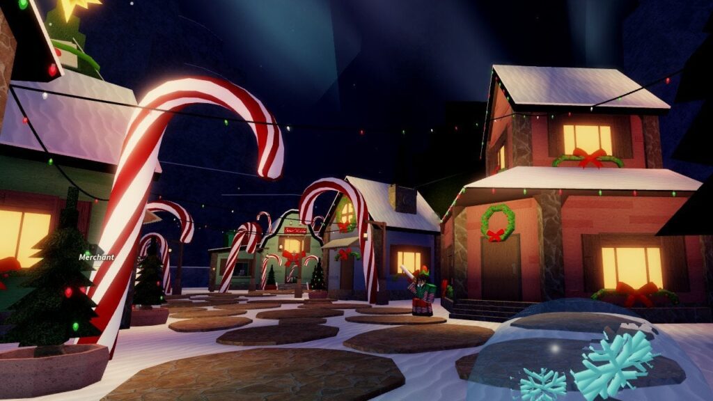 Feature image for our Fisch Fischmas Bestiary guide. It shows the Winter Village area, with snowy buildings and large candy canes.