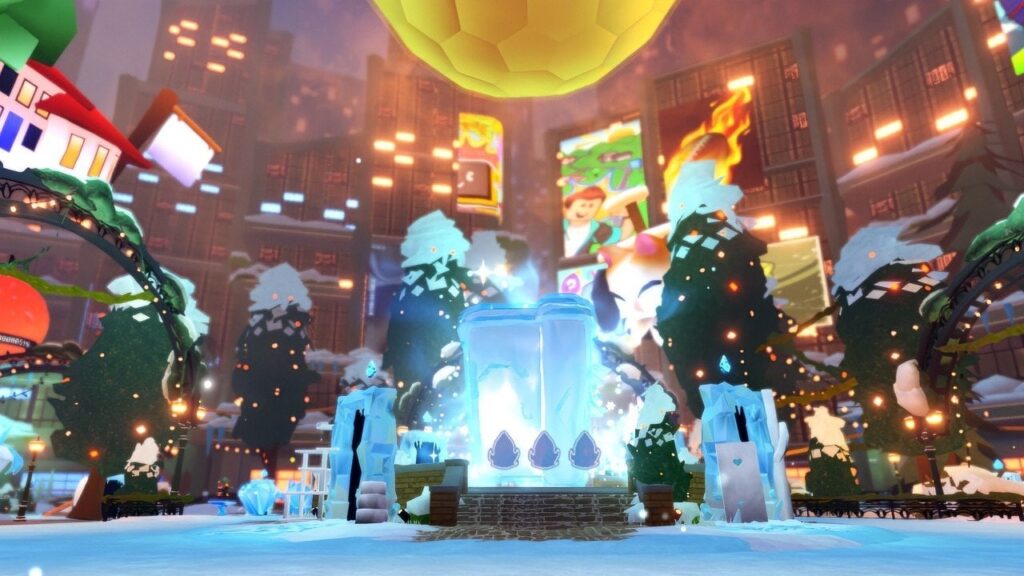 Feature image for our Roblox Winter Spotlight guide. It shows the middle of the Winter Spotlight hub, with a huge wrapped gift in the center.